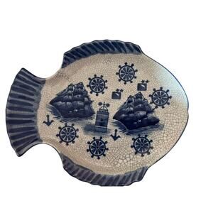 Vintage Hand-Painted Ironstone Crackle Glazed Blue & White Fish Serving Plate